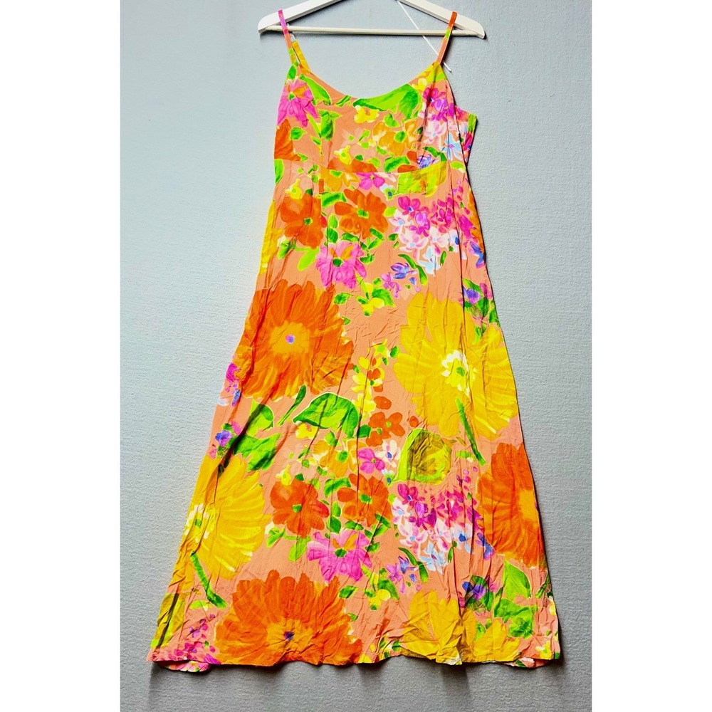 Jams World Coral Garden Floral Maxi Dress Peach Orange Rayon Large Made in USA